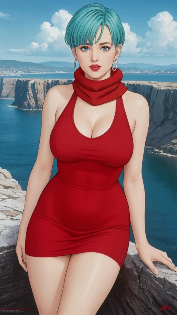 masterpiece, best quality, highest quality, (perfect lighting), (photorealistic), perfect anatomy, perfect face, perfect eyes, bulmadbzreddress, aquamarine hair, short hair, blue eyes, earrings, red dress, yellow scarf, blue sky, clouds, on a cliff looking at a city, (BishoujoMom: 1.5), very tight red dress, legs that open, ((huge breasts, cleavage))), ((thick thighs, hourglass figure)), (topless), 1.5) ((thick red lips), ((blue eyes)), ((aquamarine hair)) photorealistic, photo, masterpiece, realistic, realism, photorealism, photorealism, high contrast, photorealistic digital art trend on Artstation 8k HD HD realistic detailed, detailed, skin texture, hyper detailed, realistic skin texture, best quality, ultra high resolution (photorealistic: 1.4), high resolution, detailed, raw photo, sharp re, by Lee Jeffries nikon d850 film stock photography 4 Kodak Portra 400 camera F1.6 lens rich colors realistic texture hyper-realistic dramatic lighting unrealEngine trend in ArtStation CineStill 800,