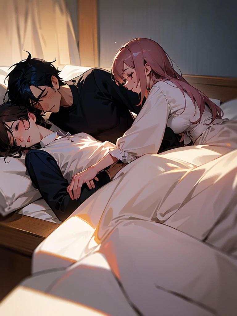 Two adult friends, A Man and a Woman, the man is taking care of the woman in bed, she's sick, This woman has blonde hair and blue eyes., she wears pink pajamas, while the man has black hair and black eyes