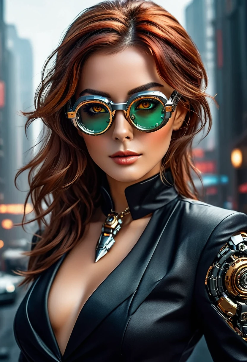 Arafed a picture of a human female spy, wearing dark suit, wearing ((mecha glasses: 1.5))exquisite beautiful female, dynamic eye color, dynamic hair color, dynamic hair style, (wearing elegant intricate details glasses: 1.3), dynamic color glasses, dynamic style glasses, glasses has intricate mechanical part in it, a high society gala event background, (Masterpiece: 1.5),  Vibrant, Ultra-high resolution, High Contrast, masterpiece:1.2, highest quality, Best aesthetics), best details, best quality, highres, ultra wide angle, 16k, [ultra detailed], masterpiece, best quality, (extremely detailed), Mechanical Creatures