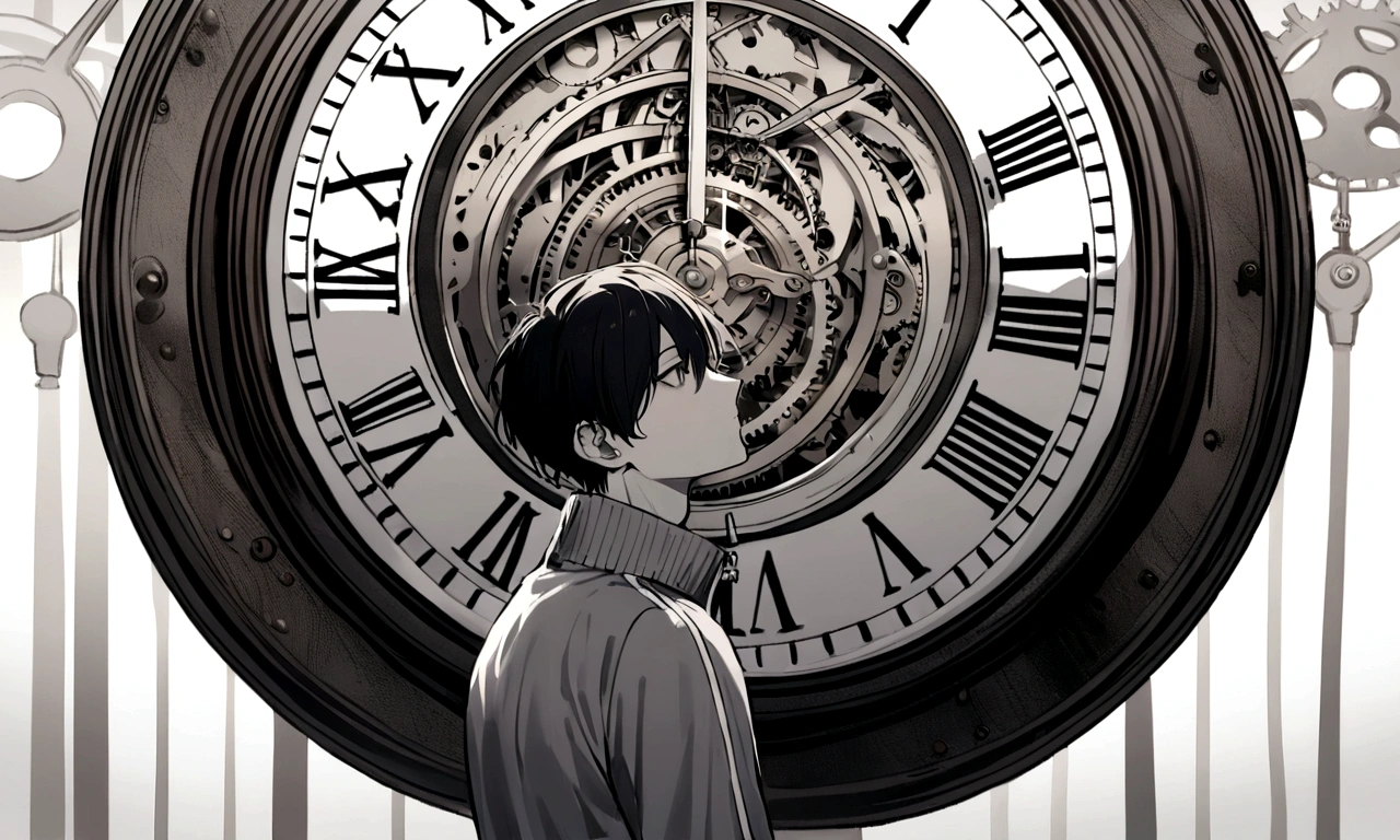 black and white drawing, giant clockwork background, hang from clockwork, human, 26 year old male, black neat hair, a lonely face, wearing gray tracksuit, eaten by the clock, fused with the clock, clock and body mixed.