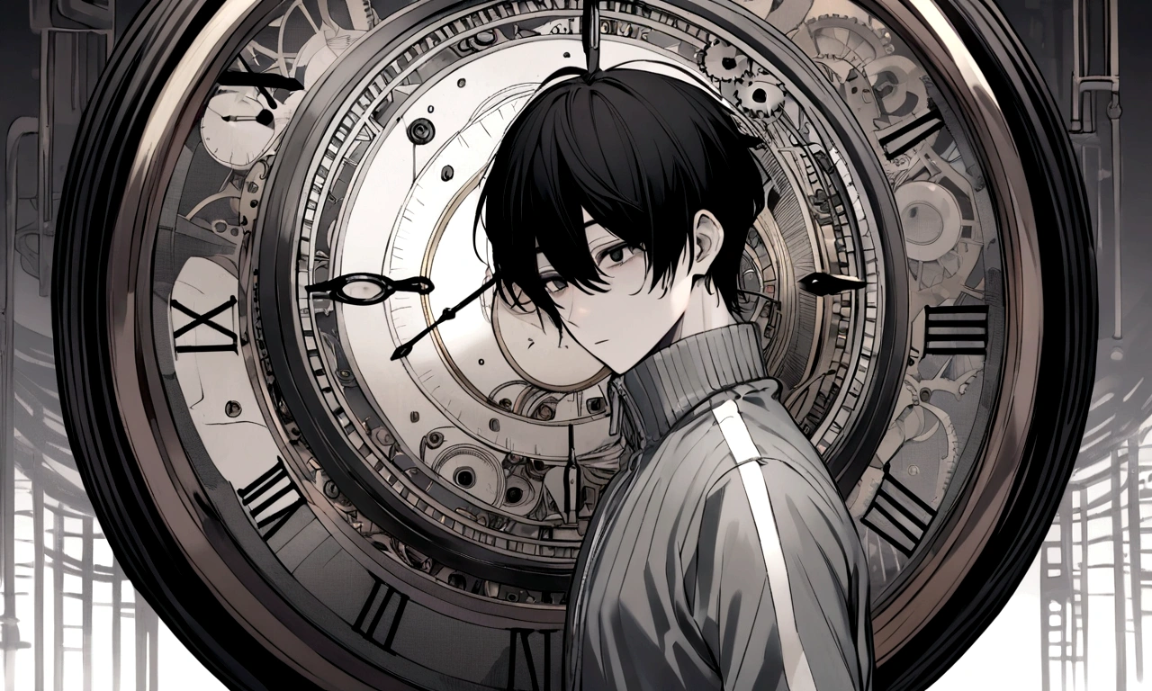 black and white drawing, giant clockwork background, hang from clockwork, human, 26 year old male, black neat hair, a lonely face, wearing gray tracksuit, eaten by the clock, fused with the clock, clock and body mixed.