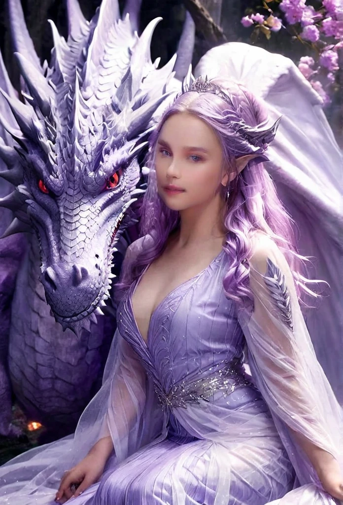 Queen of the White Dragon, mulher madura jovem, "Galadriel, EMÍLIACLARKE", elegant lilac Ruby dress, mama grande, Curvy, dragon ling vawy hair, Cabelos Super Longos, soft facial features, White dragon horns on his head, mulher majestosa, silver decoration on her lilac Ruby dress, Rainha Estrela Prateada, Grandes olhos violet, cherry lips, White dragons, starly sky