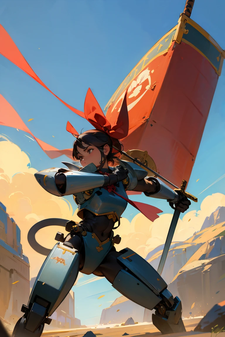 3 characters, A robot monkey with bow, a robot monkey with sword, a warrior with shield