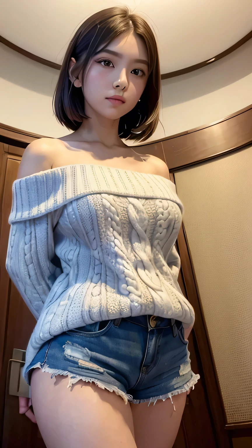 (), big ,(masterpiece), Highest quality, Very detailed, (watercolor), bloom, Delicate and beautiful, figure, (From below),(One girl:1.4), (alone:1.2), Large Breasts, (Ribbed sweater:1.3), Off-the-shoulder sweater, (Short shorts:1.2), Bare shoulders, (Underbust), ((Dark Skin:0.8)), Beautiful Eyes, (Disheveled Hair ), photograph, Over the shoulder shot, Alex Maleev, Professional, Canon Camera, Nikon Camera, sharp, Bokeh, Studio Quality, Fisheye Lens, Robert Capa ,