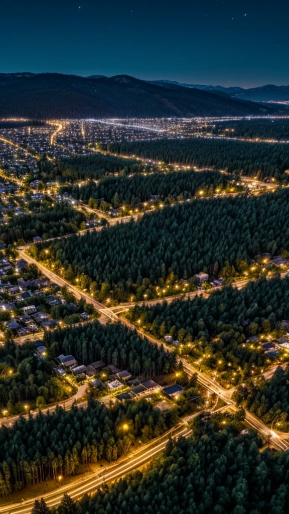 Town located in a forest late at night