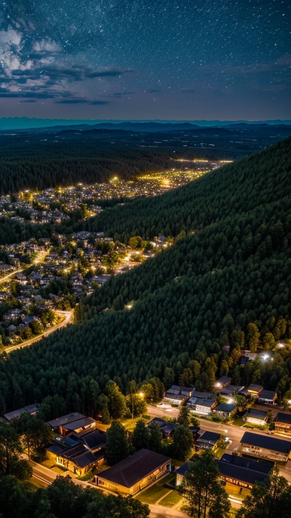 Town located in a forest late at night