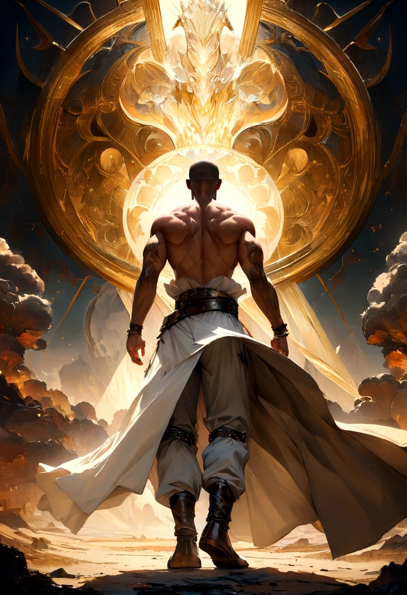 (masterpiece:1.2), (best quality), (ultra detailed), (8k, 4k, intricate),(full-body-shot:1), (highly detailed:1.2),(detailed background:1.2), mixed halfwhite black man in fantasy roguish outfit wear, high detail, 36 years old, buff, faded haircut , 8k, mystical, magical, ultra hd, realistic, vivid colors, He wears a white trench coat and is shirtless underneath. His trousers are pure white with a black cover over his right leg connected to one of his two belts. His shoes are a bright golden hue and large tattoos decorate a great deal of his body, including his back, chest, and forearms.
highly detailed, UHD drawin