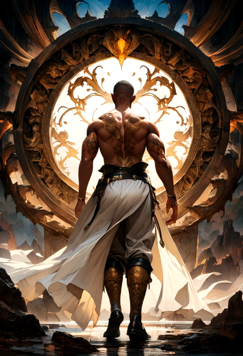 (masterpiece:1.2), (best quality), (ultra detailed), (8k, 4k, intricate),(full-body-shot:1), (highly detailed:1.2),(detailed background:1.2), mixed halfwhite black man in fantasy roguish outfit wear, high detail, 36 years old, buff, faded haircut , 8k, mystical, magical, ultra hd, realistic, vivid colors, He wears a white trench coat and is shirtless underneath. His trousers are pure white with a black cover over his right leg connected to one of his two belts. His shoes are a bright golden hue and large tattoos decorate a great deal of his body, including his back, chest, and forearms.
highly detailed, UHD drawin