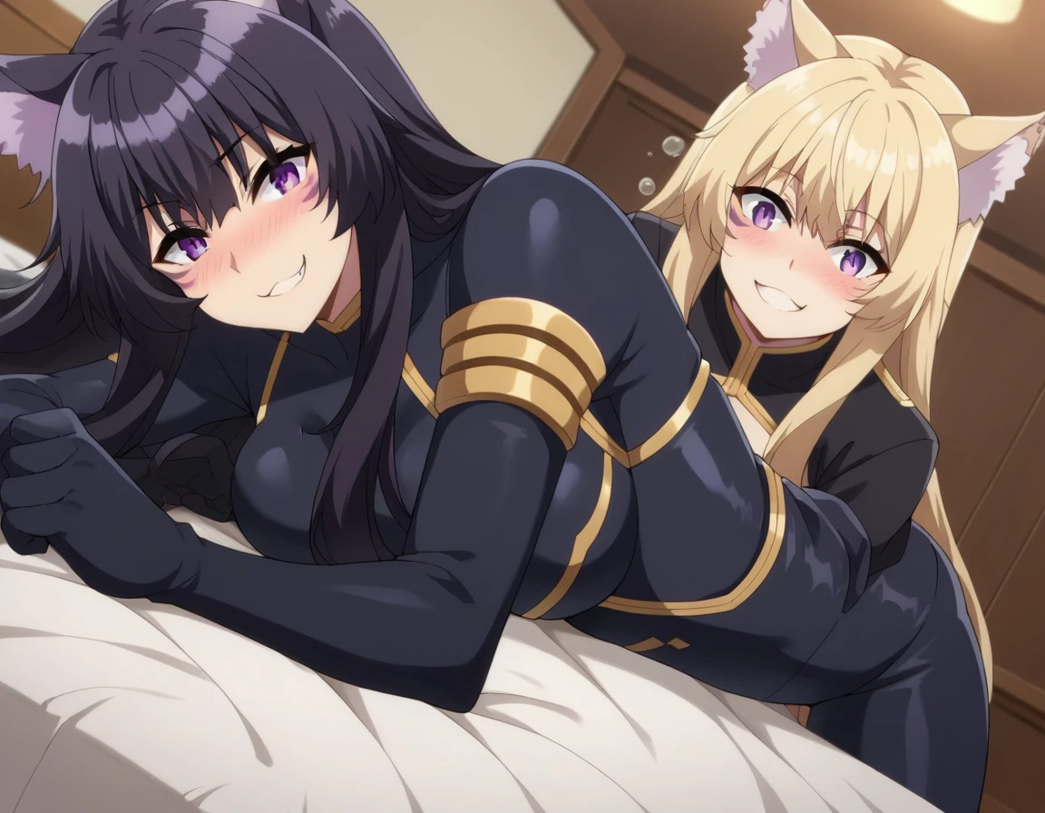 a photograph of a blonde Jessica Nigri woman wearing a score_9, score_8_up, score_7_up, source_anime,
shadowdelta, delta, long hair, black hair, animal ears, purple eyes, cat ears, animal ear fluff, facial mark, smile,
bodysuit, black bodysuit,
indoors, bed, bed room, on side, blush, drunk,
looking at viewer, cowboy shot, dutch angle,