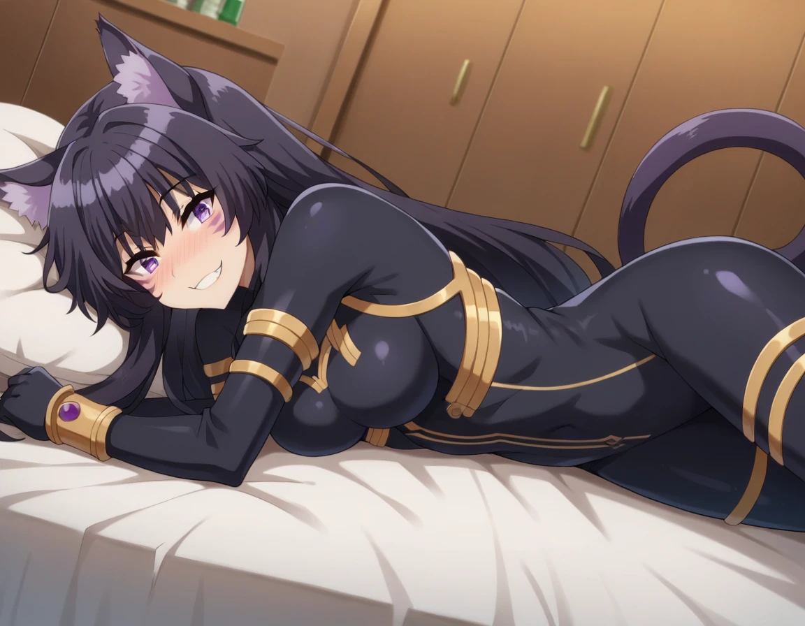 a photograph of a blonde Jessica Nigri woman wearing a score_9, score_8_up, score_7_up, source_anime,
shadowdelta, delta, long hair, black hair, animal ears, purple eyes, cat ears, animal ear fluff, facial mark, smile,
bodysuit, black bodysuit,
indoors, bed, bed room, on side, blush, drunk,
looking at viewer, cowboy shot, dutch angle,