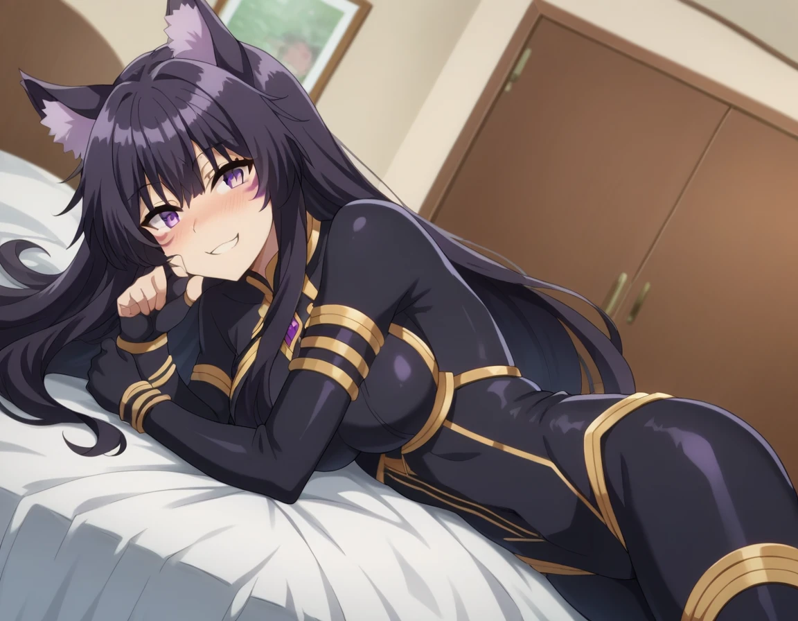 a photograph of a blonde Jessica Nigri woman wearing a score_9, score_8_up, score_7_up, source_anime,
shadowdelta, delta, long hair, black hair, animal ears, purple eyes, cat ears, animal ear fluff, facial mark, smile,
bodysuit, black bodysuit,
indoors, bed, bed room, on side, blush, drunk,
looking at viewer, cowboy shot, dutch angle,