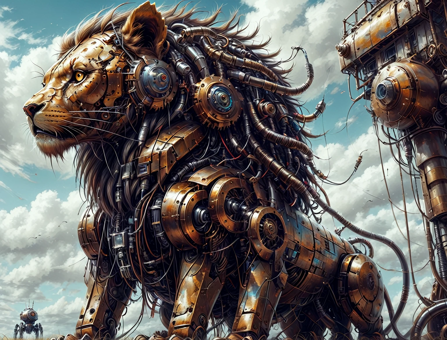 painting of a lion with a mechanical body and a sky background, robot lion, 4k highly detailed digital art, highly detailed digital art, digital steampunk art, steampunk digital art, highly detailed digital artwork, digital art highly detailed, great digital art with details, 4k detailed digital art, elaborate digital art, very detailed digital art, ultra detailed digital art