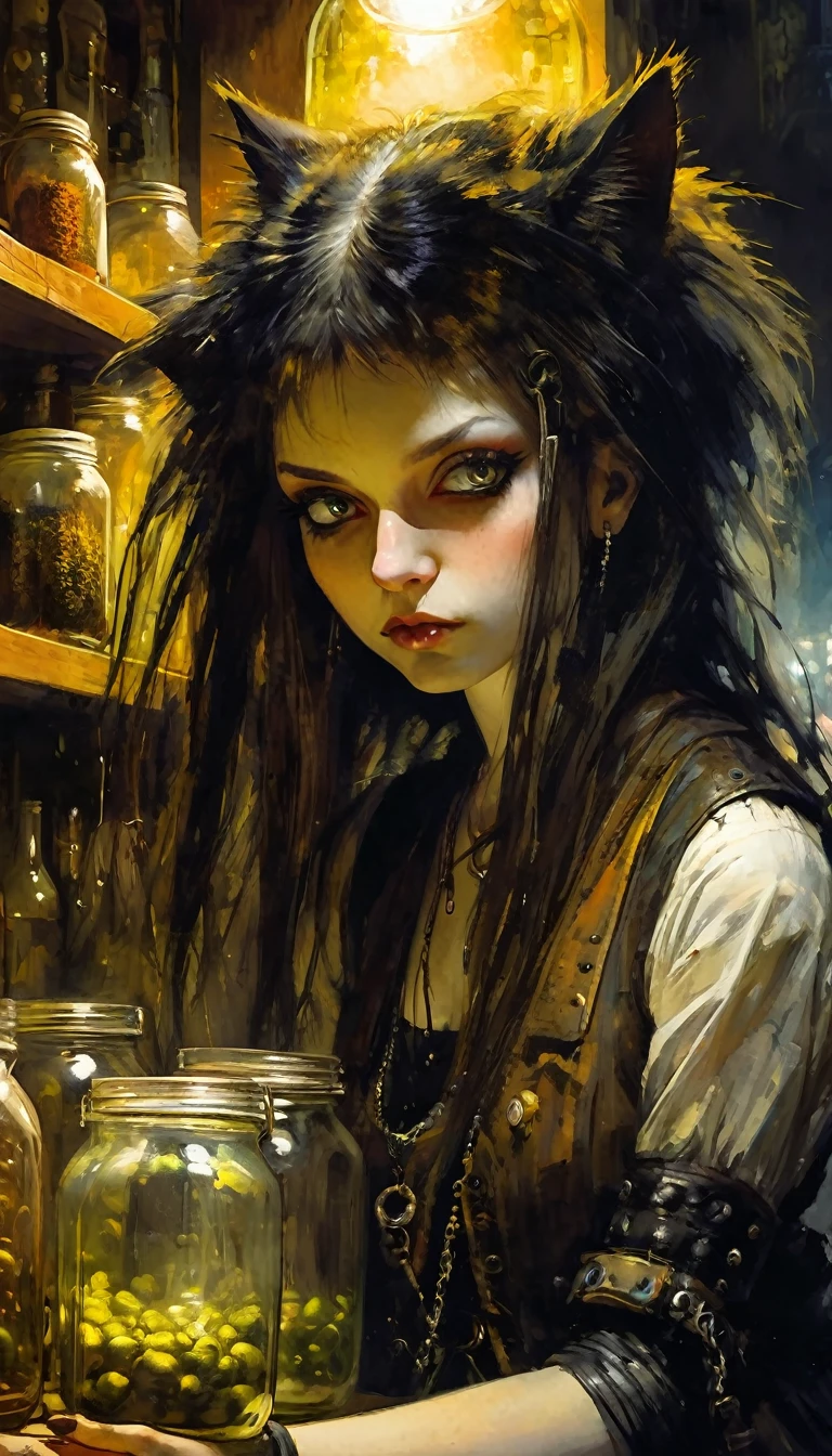 a sexy girl with a punk-gothic appearance and long hair attends the shop at the counter, fantastic shop, disturbing, strange, unnatural, (Rembrandt Lighting: 1.3) light particles, shop with large jars, jars with eyes, jars with heads , cat on stage, close-up of upper body, fantastic angles (art inspired by Bill Sienkiewicz, oil painting)