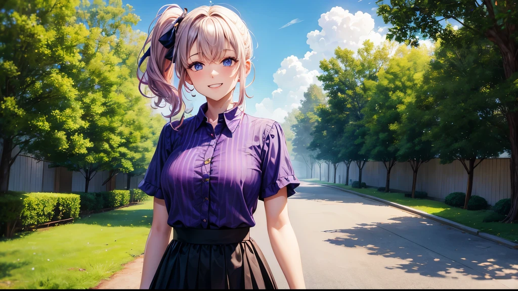 1girl, solo, full body, summer, village, trees, sun, clouds, colorful hair, curly hair, ponytail, large breasts, button down, dark blue eyes, ((purple shirt)), ((unbuttoned shirt)), ((short sleeved shirt)), black skirt, brown shoes, grin, looking at the viewer, standing, hair ribbon