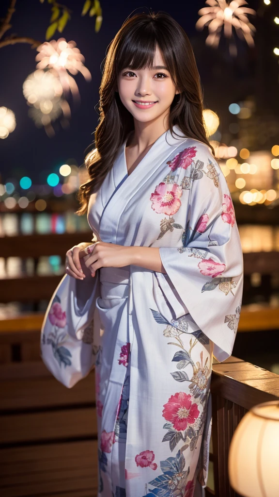 night、A glamorous atmosphere、firework、Matte fabric、White large floral pattern yukata、Cotton kimono、stylish (night景、night、smile)、night空、bangs、No makeup、(masterpiece、8K,RAW Photos、High resolution:1.4)、girl'Her calm expression is、Emphasized by the soft look..。 Canon EOS R6 Mark II and Sigma 50mm f/2.Used in combination with 8/1.4 DG HSM Art Lens、シーンのあらゆるニュアンスがHigh resolutionでキャプチャされます。