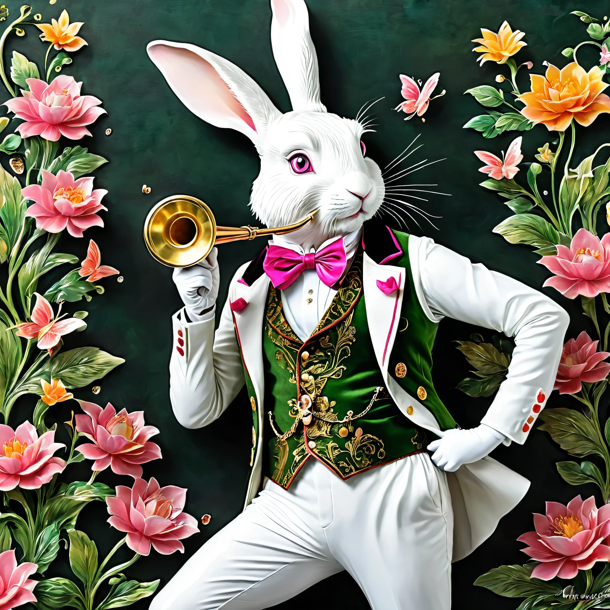 Produce a detailed and whimsical image of The White Rabbit from Alice in Wonderland. Highlight his distinctive features, including his pink eyes, waistcoat, pocket watch, and the trumpet he carries. The image should capture the character's hurried and anxious demeanor as he exclaims, 'I'm late, I'm late!' Ensure that the artwork is vibrant and suitable for various applications, including stickers, posters, and digital media.