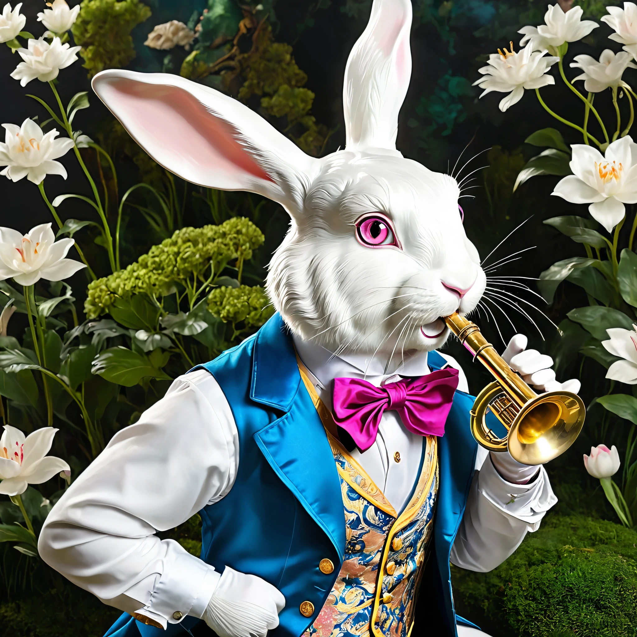 Produce a detailed and whimsical image of The White Rabbit from Alice in Wonderland. Highlight his distinctive features, including his pink eyes, waistcoat, pocket watch, and the trumpet he carries. The image should capture the character's hurried and anxious demeanor as he exclaims, 'I'm late, I'm late!' Ensure that the artwork is vibrant and suitable for various applications, including stickers, posters, and digital media.