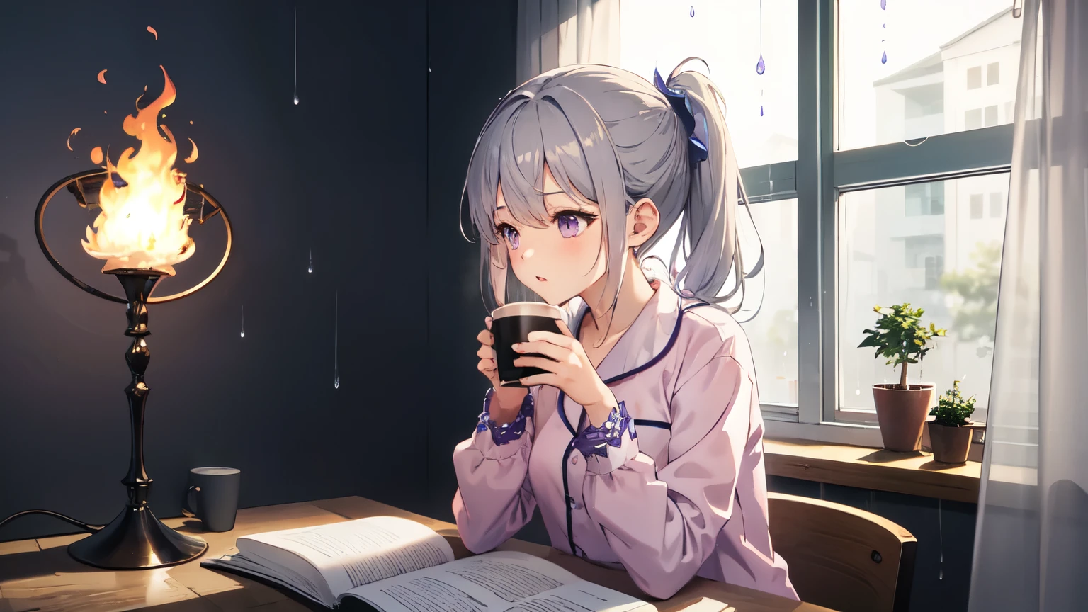 One girl, Pink pajamas, ponytail ,Gray Hair, Purple eyes, magic circle, Blue Fire, Blue Flame, wallpaper, Rain outside the windowの風景, 4am,Rain outside the window,Drinking coffee, Coffee cup in hand,Depth of written boundary, It's still dark, Particles of light, light, Side Lighting, Thighs, destiny \(series\), cloud