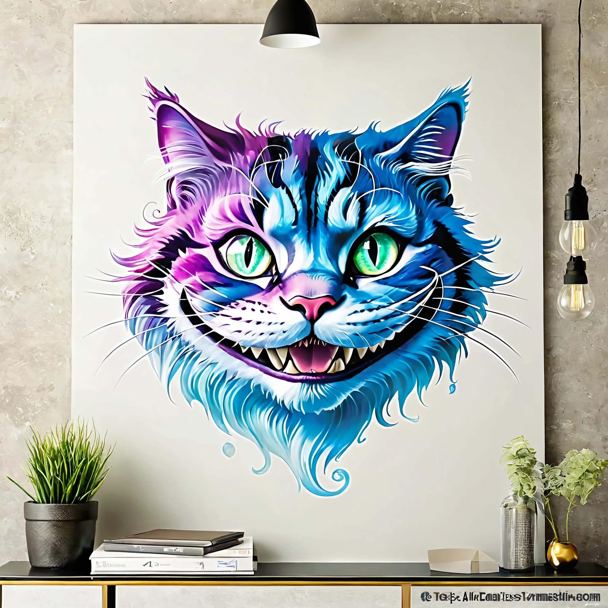 Create a mesmerizing and enigmatic image of The Cheshire Cat from Alice in Wonderland. Emphasize the cat's mischievous grin, its translucent appearance, and its ability to appear and disappear at will. The image should evoke a sense of mystery and whimsy. Ensure that the artwork captures the essence of this iconic character, making it suitable for various applications, including stickers, posters, and digital media.
