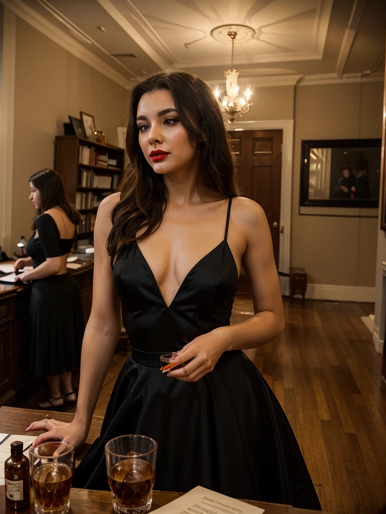 Young woman with red lipstick drinking whiskey from a glass tumbler wearing black backless ballgown inside a classic mansion office,