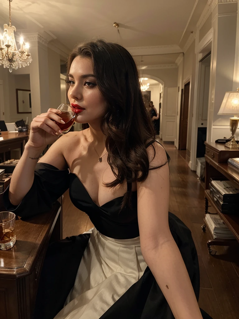 Young woman with red lipstick drinking whiskey from a glass tumbler wearing black backless ballgown inside a classic mansion office, 