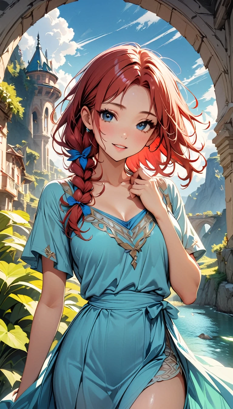 (highest quality:1.2), Very detailed, Vibrant, digital coloring, High Contrast, masterpiece:1.2, highest quality, Best aesthetics, 1 female, red Hair, single braid, messy hair, (((Blue Dress:1.2))), (fantasy landscape:1.4), Bright lighting, Beautiful world, New World, Blown by the gentle wind, (hot gaze, Hot, Rui々Beautiful lips, Glossy, Open Mouth, Leaking sigh), Accurate, Textured skin, Cowboy Shot, seductive smile, The beauty and danger of growing from a girl to an adult, A symbol of miraculous beauty.