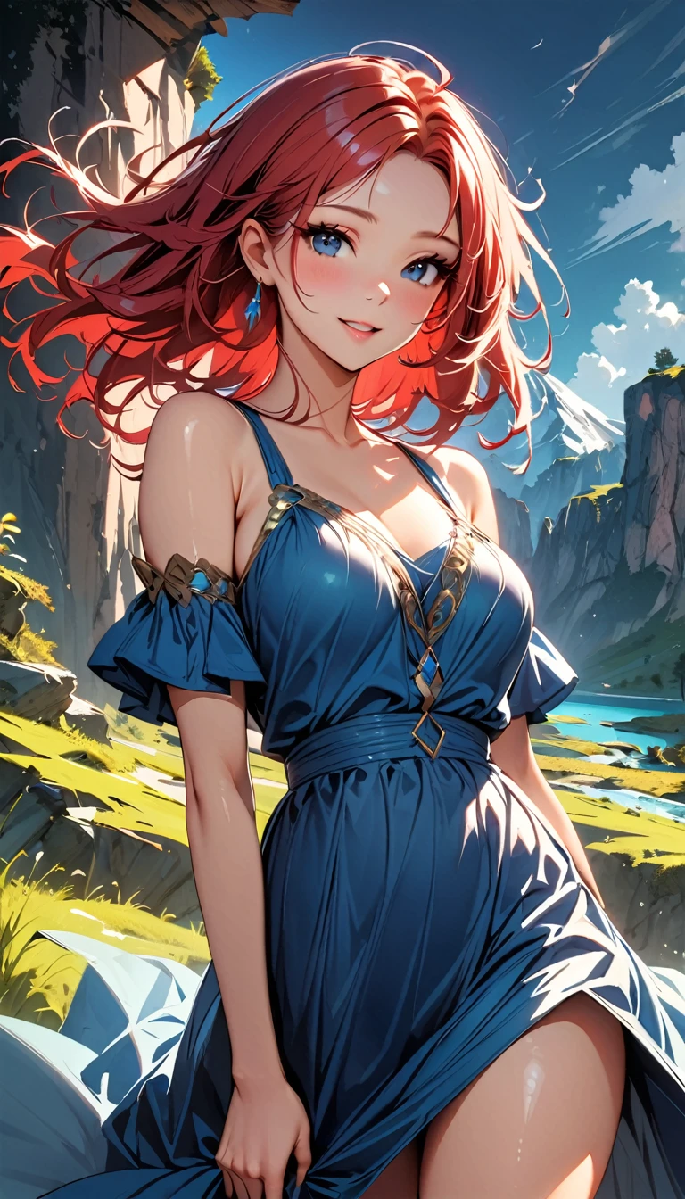 (highest quality:1.2), Very detailed, Vibrant, digital coloring, High Contrast, masterpiece:1.2, highest quality, Best aesthetics, 1 female, red Hair, single braid, messy hair, (((Blue Dress:1.2))), (fantasy landscape:1.4), Bright lighting, Beautiful world, New World, Blown by the gentle wind, (hot gaze, Hot, Rui々Beautiful lips, Glossy, Open Mouth, Leaking sigh), Accurate, Textured skin, Cowboy Shot, seductive smile, The beauty and danger of growing from a girl to an adult, A symbol of miraculous beauty.