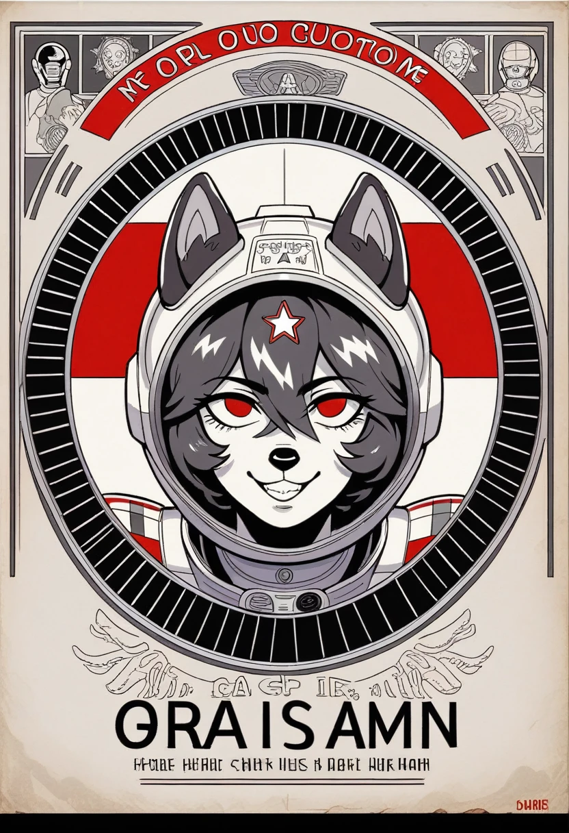 1girl,curvy_breasts, cute, beautiful detailed eyes, shiny hair, visible through hair, hairs between eyes, (Caucasian face, Europe face, eastern Europe girl), (USSR poster), (soviet poster), red monochrome, (soviet, communism, ((PROPAGANDA POSTER))), Black_hair, monster girl, wolf girl, wolf ears, wolf tail, smiling, red_eyes, furry, teenage, goodbreast, {Spacesuit|Orange_clothing_body|jumpsuit},red_gloves, white_space_shoes, white_helmet, ((the USSR red letters on the poster)), weightlessness, Side light, reflection, The person in the spacesuit is at the bottom left of the frame, The right hand is outstretched, Space station in the upper right corner of the screen, Reflected light from the sun, Silver metal, red flag, (USSR style), diffuse reflection, Metallic texture, (alien planet background), (pinup-girl, the sea of star on background), (effect of old poster )