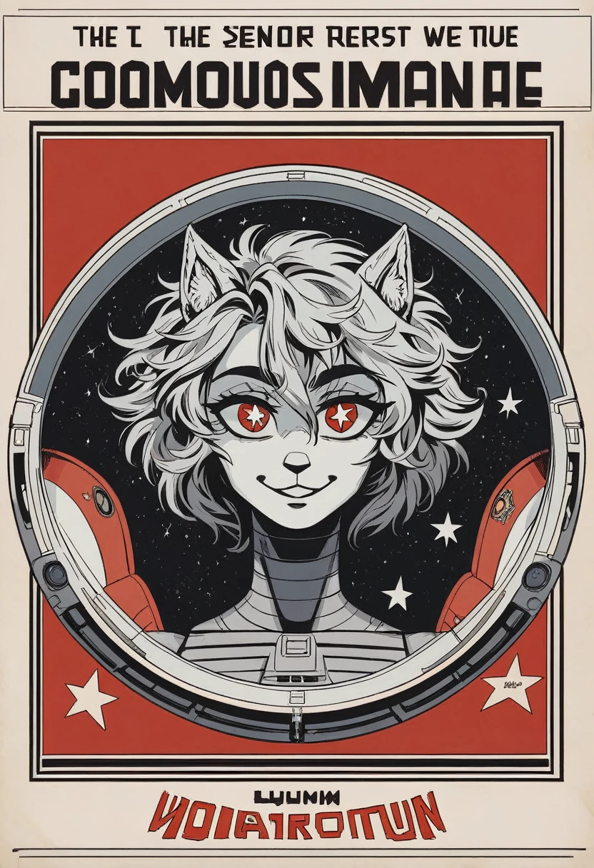 1girl,curvy_breasts, cute, beautiful detailed eyes, shiny hair, visible through hair, hairs between eyes, (Caucasian face, Europe face, eastern Europe girl), (USSR poster), (soviet poster), red monochrome, (soviet, communism, ((PROPAGANDA POSTER))), Black_hair, monster girl, wolf girl, wolf ears, wolf tail, smiling, red_eyes, furry, age, goodbreast, {Spacesuit|Orange_clothing_body|jumpsuit},red_gloves, white_space_shoes, white_helmet, ((the USSR red letters on the poster)), weightlessness, Side light, reflection, The person in the spacesuit is at the bottom left of the frame, The right hand is outstretched, Space station in the upper right corner of the screen, Reflected light from the sun, Silver metal, red flag, (USSR style), diffuse reflection, Metallic texture, (alien planet background), (pinup-girl, the sea of star on background), (effect of old poster )