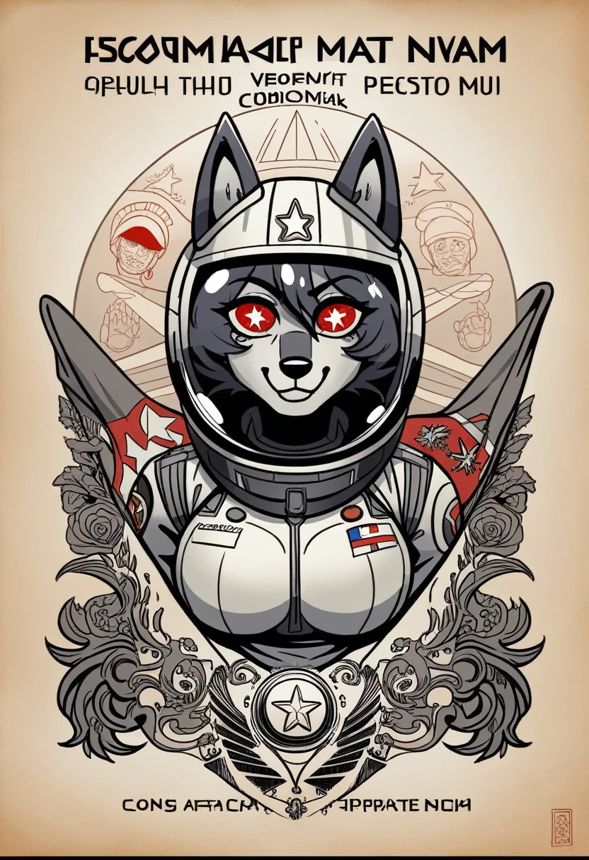 1girl,curvy_breasts, cute, beautiful detailed eyes, shiny hair, visible through hair, hairs between eyes, (Caucasian face, Europe face, eastern Europe girl), (USSR poster), (soviet poster), red monochrome, (soviet, communism, ((PROPAGANDA POSTER))), Black_hair, monster girl, wolf girl, wolf ears, wolf tail, smiling, red_eyes, furry, teenage, goodbreast, {Spacesuit|Orange_clothing_body|jumpsuit},red_gloves, white_space_shoes, white_helmet, ((the USSR red letters on the poster)), weightlessness, Side light, reflection, The person in the spacesuit is at the bottom left of the frame, The right hand is outstretched, Space station in the upper right corner of the screen, Reflected light from the sun, Silver metal, red flag, (USSR style), diffuse reflection, Metallic texture, (alien planet background), (pinup-girl, the sea of star on background), (effect of old poster )