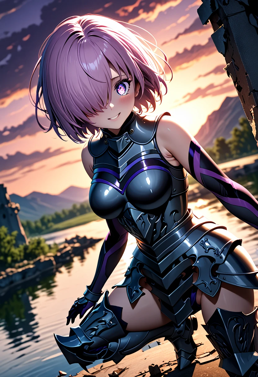 (masterpiece, top quality, best quality, beautiful and aesthetic:1.2), full body, SFW, extremely detailed, detailed eyes, detailed hands, cinematic light, depth of field, 1girl, seducing smile, solo, official, (full armored knight:1.4), dark armor, full-faced helmet that hides the face, mash kyrielight, light purple hair, short hair, hair over one eye, slim body, cinematic lighting, dramatic lighting, dramatic atmosphere, hyper-realistic, high resolution, stunning contrast, high quality, best quality, 8k, 4k, intricately detailed, (amazing details:1.2), highly detailed skin, powerful presence, vibrant colors, (detailed eyes:1.2), striking eyes, (detailed background), (lake on background, twilight, ruins), (dynamic angle:1.2), (dynamic pose:1.2)