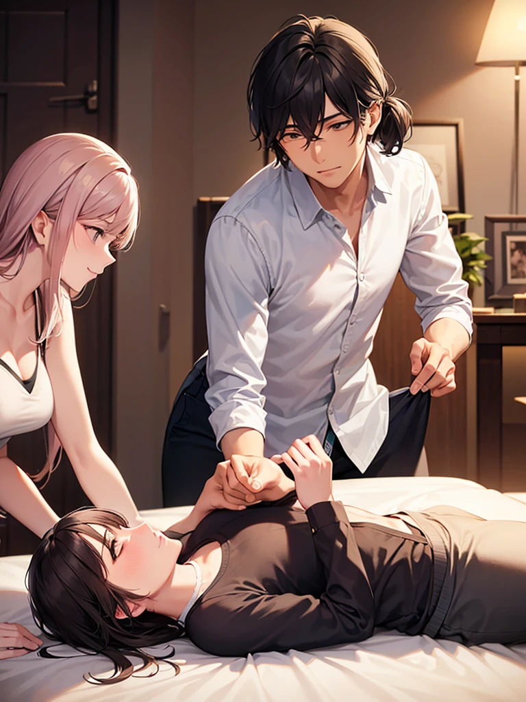 Two adult friends, A Man and a Woman, the man is taking care of the woman in bed, she&#39;s sick, This woman has blonde hair and blue eyes., she wears pink pajamas, while the man has black hair and black eyes 