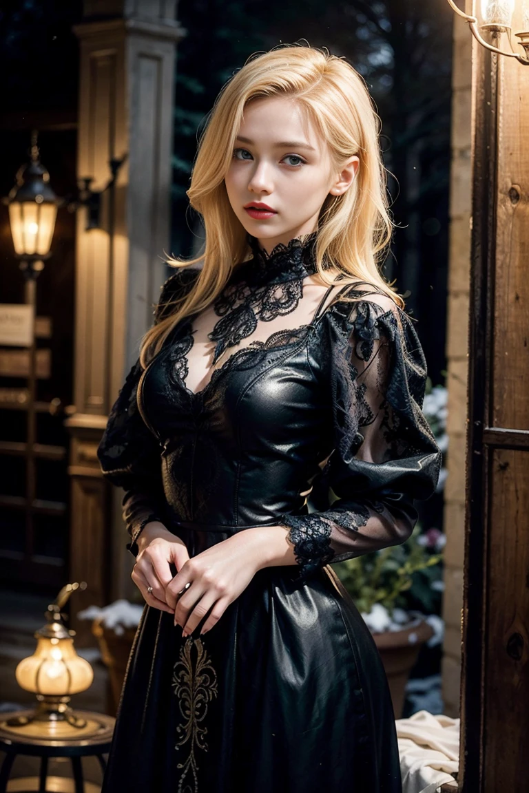 beautiful blonde woman, detailed face, intricate details, high quality, photorealistic, award winning art, dramatic lighting, romantic, warm colors, cinematic composition, standing outside, blurry background, top model, red lipstick, countryside, wearing sexy black dress