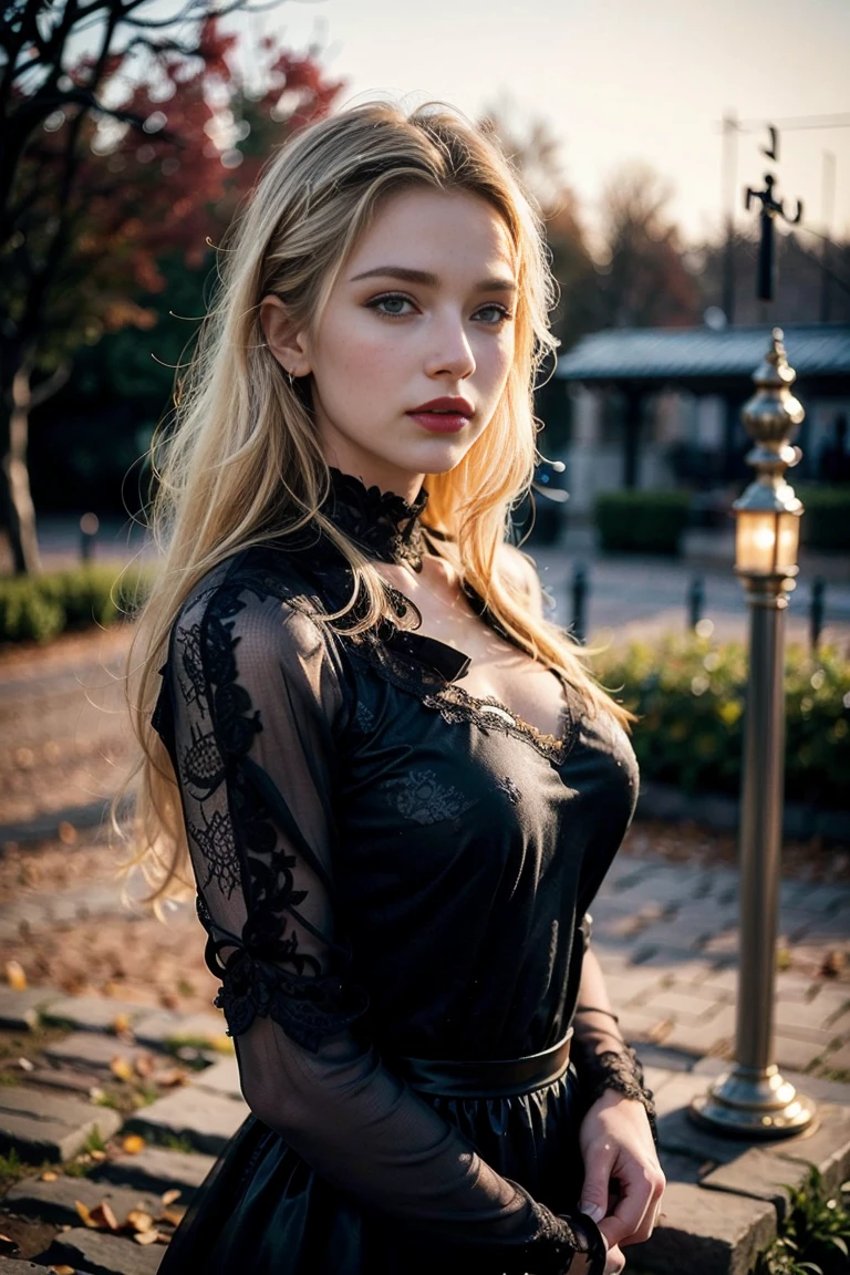 beautiful blonde woman, detailed face, intricate details, high quality, photorealistic, award winning art, dramatic lighting, romantic, warm colors, cinematic composition, standing outside, blurry background, top model, red lipstick, countryside, wearing sexy black dress