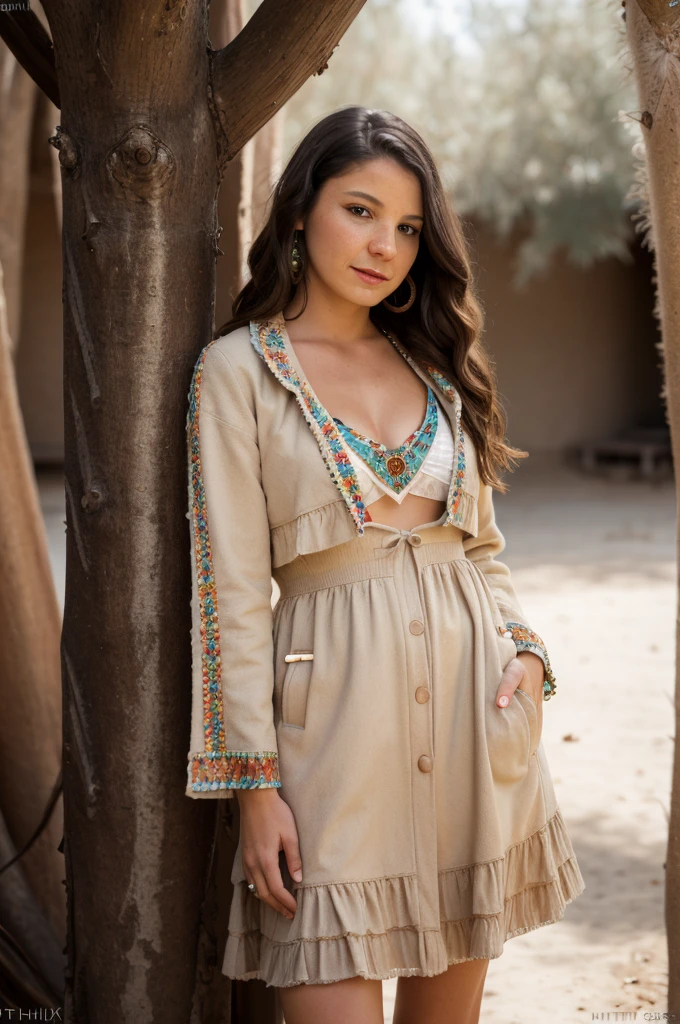 RAW photo of rileemarks, portrait, coat, neutral background, (high detailed skin:1.2), 8k uhd, dslr, soft lighting, high quality, film grain, Fujifilm XT3, woman late 40s bohemian apache dress