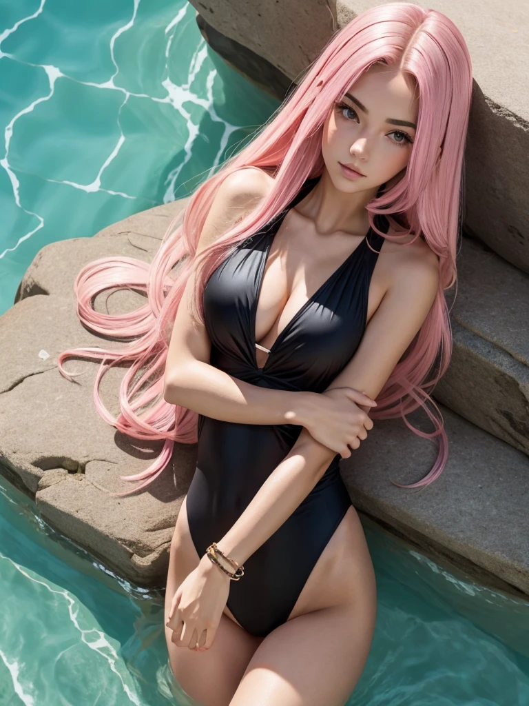 beautiful girl pink long hair . black swimsuit . top view