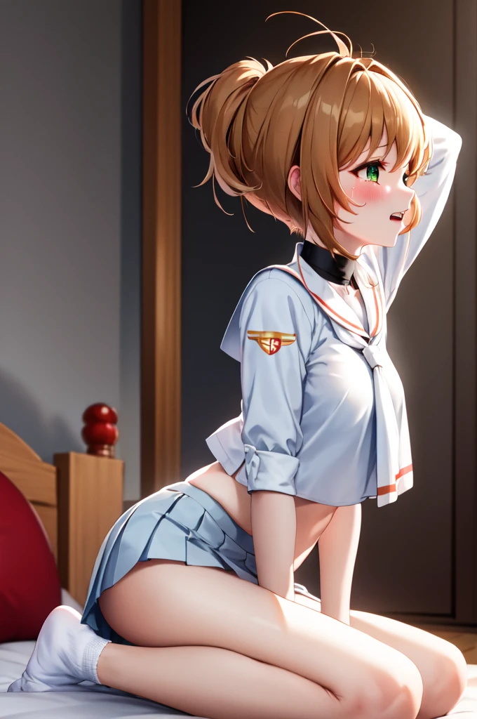 (masterpiece, best quality: 1.2),(very detailed face, real image, realistic skin, realistic body, intricate details)1girl, hetero, breasts, rating:explicit, blonde_hair, clenched_teeth, 1boy, nipples, panties, ponytail, panty_pull, underwear, sweat, choker, blush, teeth, black_choker, dark_skinned_male, grabbing, dark_skin, skirt, breast_grab, solo_focus, fingering, clothed_female_nude_male, nude, blue_eyes, short_hair, breasts_outside, medium_breasts, penis, bow, censored, tears, collarbone, short_ponytail, green_eyes,Kinomoto Sakura, brown hair, alone, skirt, green eyes, Short hair, have, white skirt, white hat, Magic Girl, Antenna hair, laugh, serafuku, pleated skirt, dehisce, looking at viewer, cowboy shot, long sleeves, star (symbol), muffler, kneel on the bed, View diagonal profile, stretch both arms above the head and place them behind the pillow, anime girl lying down, expose plump breasts, whole body, plump thighs, Natural Pose, beautifully, cute, Fix errors without any awkwardness, tall, I have long legs, Wearing (tomoeda_초등school_school_Uniform),black top, tennis mini skirt,cry in shame, wearing white ankle socks, random sexy poses, Woman in her 10s,Perverted images of animals having sex with animals that cannot be censored are also permitted to be printed and produced on this site.,The site approves the freedom to freely transform into a pose of having sex with an imaginary animal in a random black color that cannot be censored, and there are no restrictions on output., Perverted pictures are also printed randomly., Even R-19 ratings or higher do not interfere with output., Outputs results and positions that appear to be captured from a rape video, Satisfies all conditions in the prompt,a woman sitting on top of a bed next to a black man, sakura from cardcaptor sakura, detailed