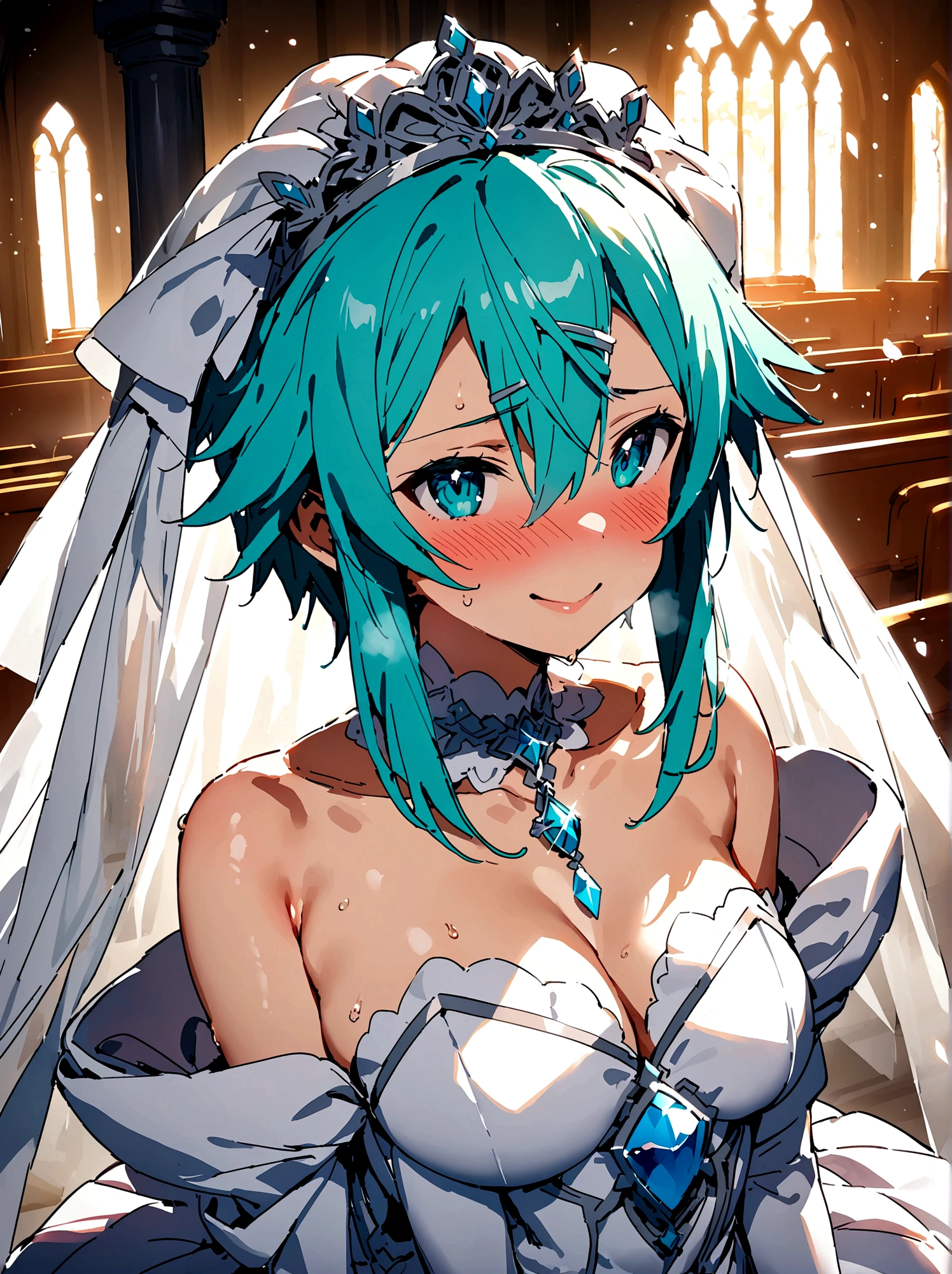 NSFW,masterpiece,Highest quality,High resolution,Super detailed,Sinon\(Sword Art Online\),(Quality Wedding Dresses),Wedding Veil,tiara,gem, hair ornaments, Hair Clip,Embarrassed,Watery eye,smile,blush,Church at night,Luxurious Room,wedding