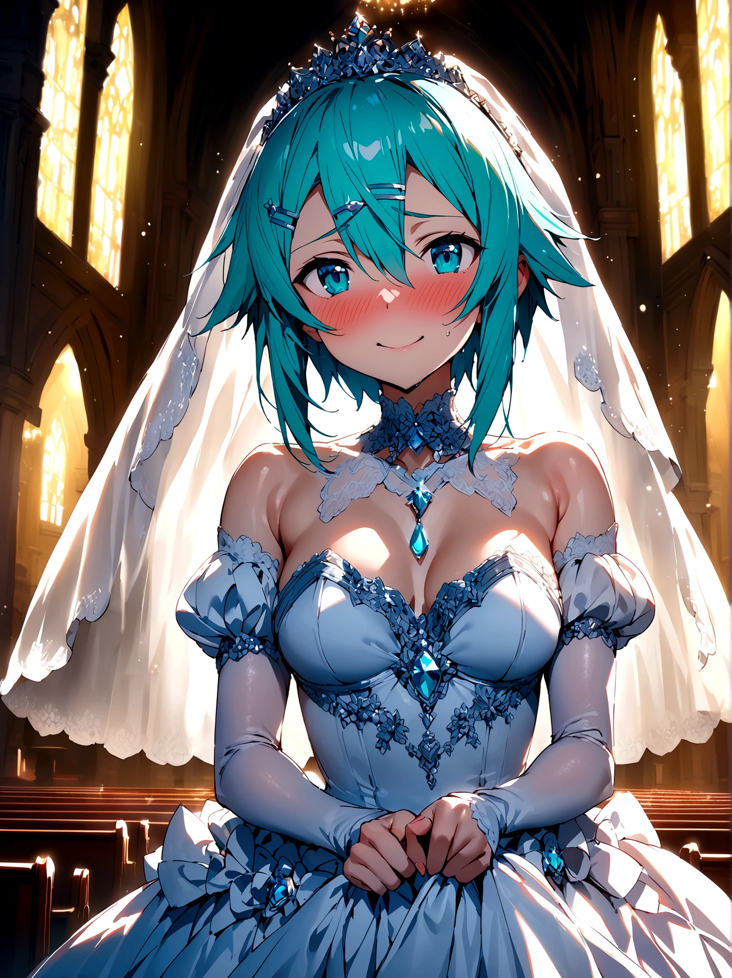 NSFW,masterpiece,Highest quality,High resolution,Super detailed,Sinon\(Sword Art Online\),(Quality Wedding Dresses),Wedding Veil,tiara,gem, hair ornaments, Hair Clip,Embarrassed,Watery eye,smile,blush,Church at night,Luxurious Room,wedding