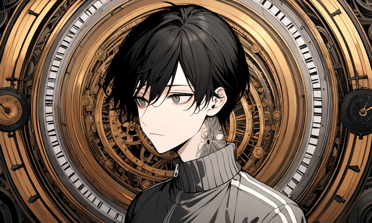 black and white drawing, giant clockwork background, human, 26 year old male, black neat hair, a lonely face, wearing gray tracksuit, body tangled in watch, Body fused with clock