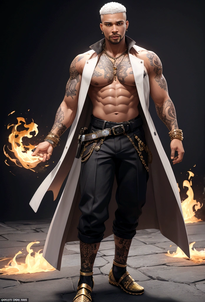 (masterpiece:1.2), (best quality), (ultra detailed), (8k, 4k, intricate),(full-body-shot:1), (highly detailed:1.2),(detailed background:1.2), facing the viewer, dynamic pose, mixed halfwhite black man in fantasy roguish outfit wear, high detail, 36 years old, buff, faded haircut , 8k, mystical, magical, ultra hd, realistic, vivid colors, He wears a white trenchcoat and is shirtless underneath. His trousers are pure white with a black cover over his right leg connected to one of his two belts. His shoes are a bright golden hue and large tattoos decorate a great deal of his body, including his back, chest, and forearms.
highly detailed, UHD drawing