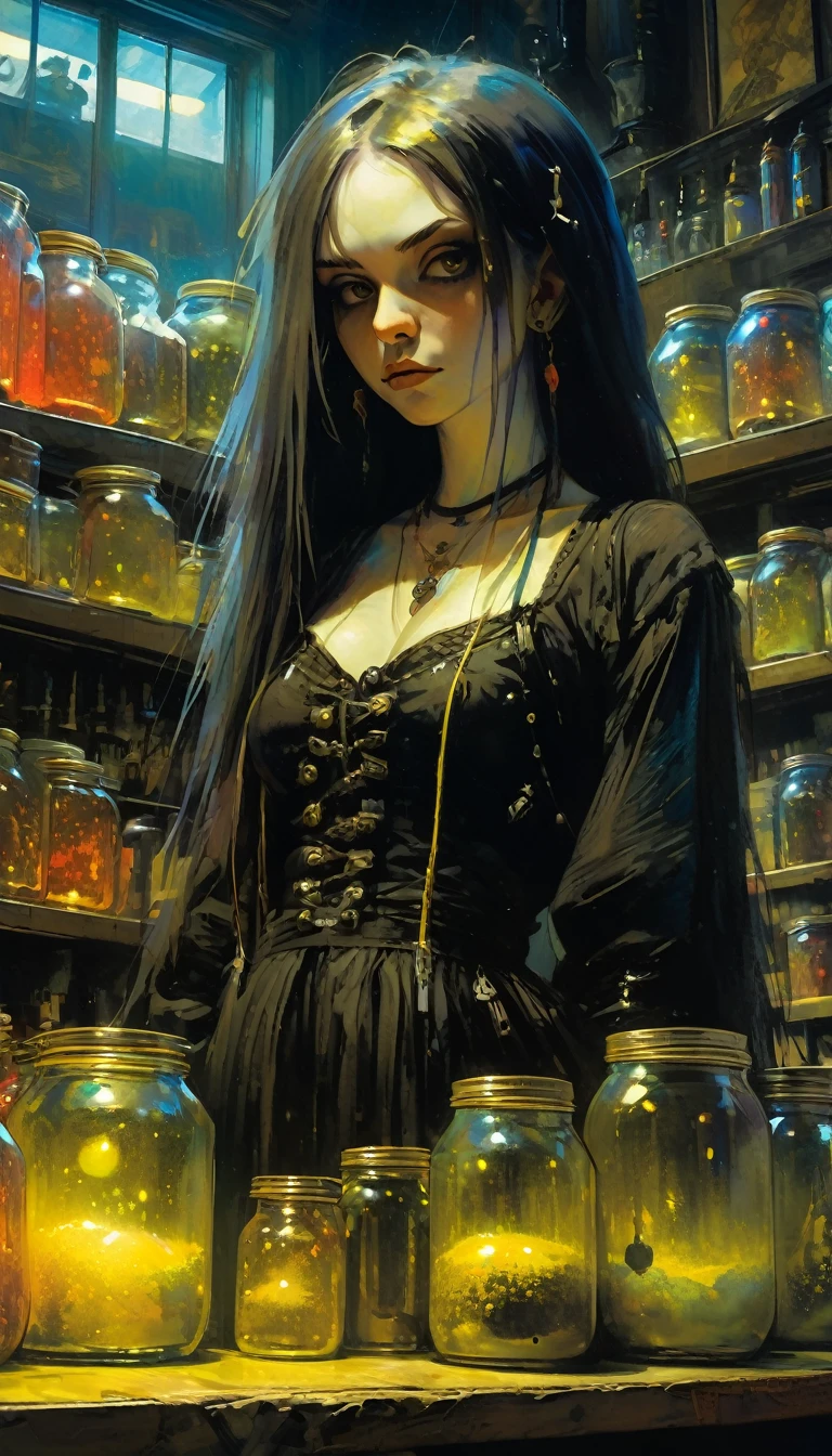 a sexy girl with a punk-gothic appearance and long hair attends the shop at the counter, fantastic shop, disturbing, strange, unnatural, (Rembrandt Lighting: 1.3) light particles, shop with large jars, jars with eyes, jars with heads , cat on stage, close-up of upper body, fantastic angles (art inspired by Bill Sienkiewicz, oil painting)