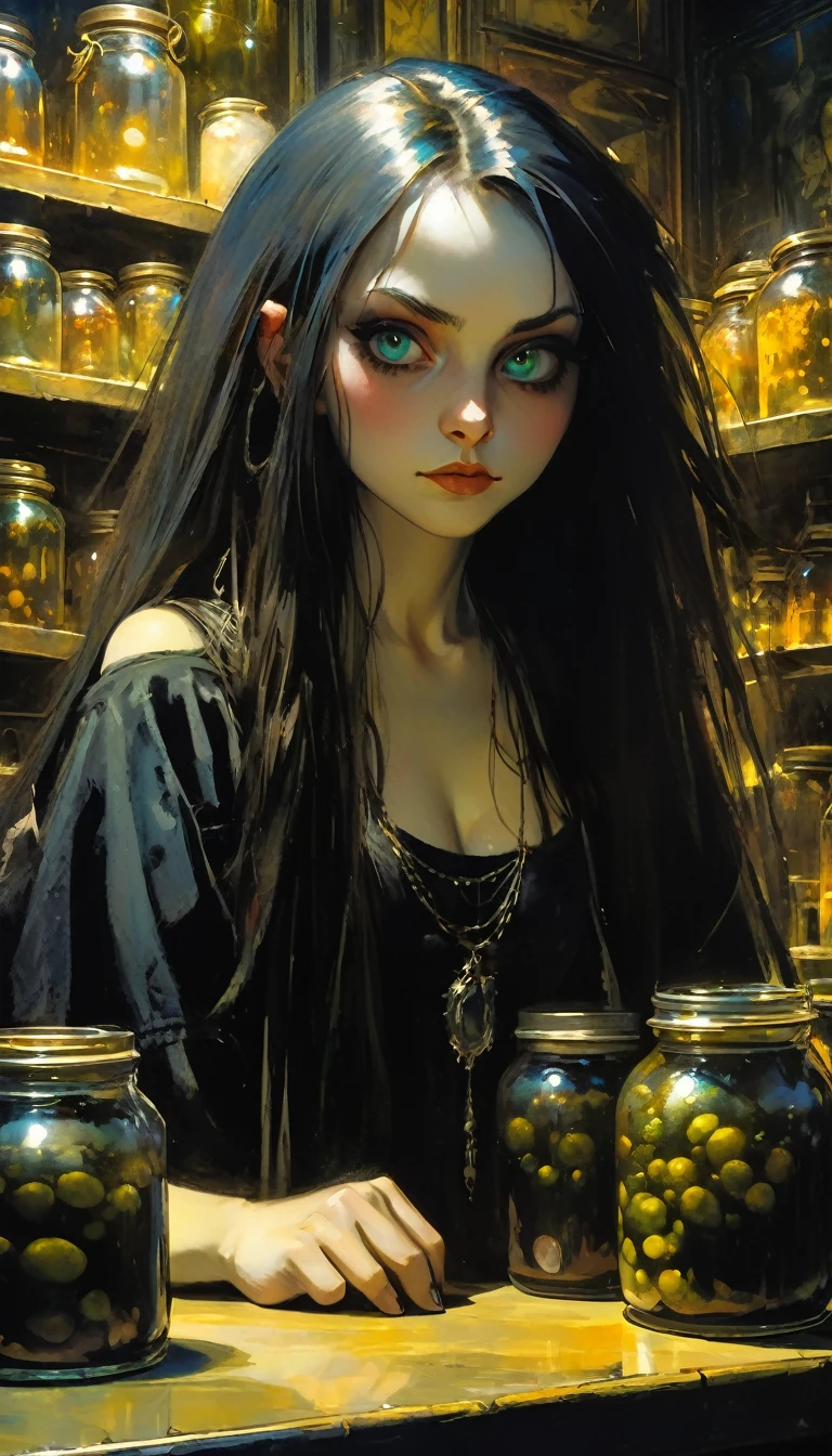 a sexy girl with a punk-gothic appearance and long hair attends the shop at the counter, fantastic shop, disturbing, strange, unnatural, (Rembrandt Lighting: 1.3) light particles, shop with large jars, jars with eyes, jars with heads , cat on stage, close-up of upper body, fantastic angles (art inspired by Bill Sienkiewicz, oil painting)