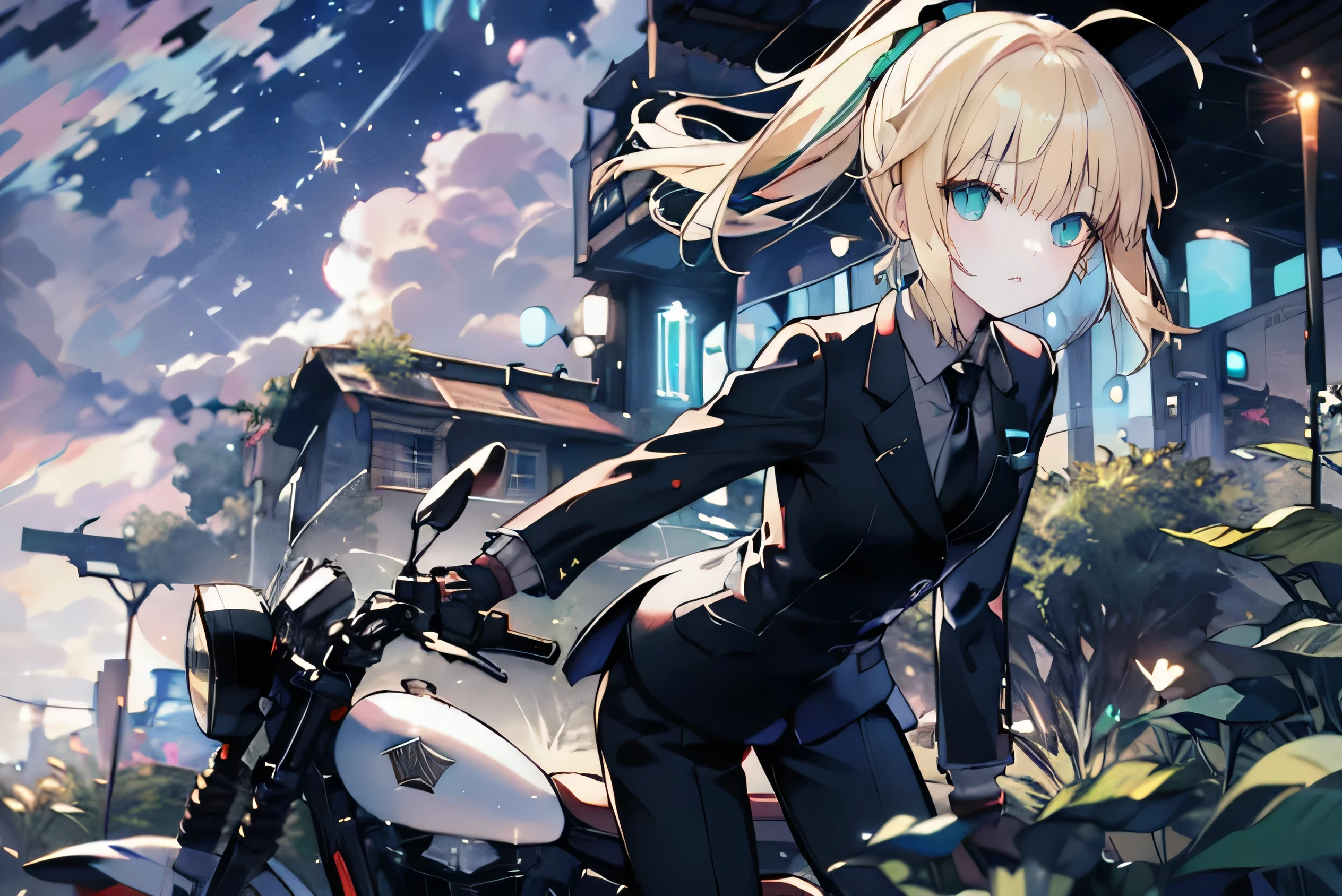 Uhd, absurdres, best_quality, masterpiece, best quality,1girl, solo, adult, woman, saberzero, formal, necktie, (blonde hair), (ponytail), ((ahoge)), straight hair, sidelocks, small breasts, looking at viewer, (black suit), grey shirt, (black tie), black half gloves, ((black pants)), close-up, straight bangs, long sleeves, (aqua eyes), riding a yamaha v-max motorcycle in the city