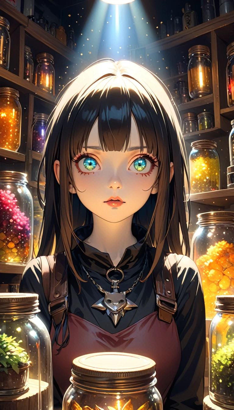 a sexy girl with a punk-gothic appearance and long hair attends the shop at the counter, fantastic shop, disturbing, strange, unnatural, (Rembrandt Lighting: 1.3) light particles, shop with large jars, jars with eyes, jars with heads , cat on stage, close-up of upper body, fantastic angles (art inspired by Bill Sienkiewicz, oil painting)