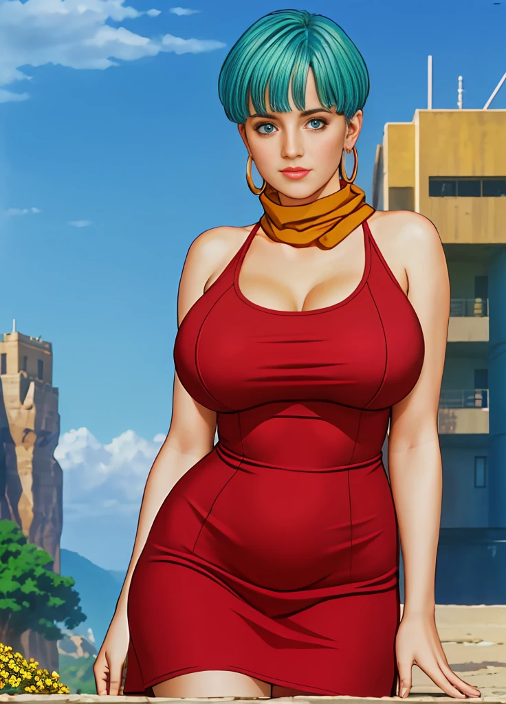 masterpiece, best quality, highest quality, (perfect lighting), (photorealistic), perfect anatomy, perfect face, perfect eyes, 
 bulmadbzreddress, aquamarine hair, short hair, blue eyes, earrings, red dress, yellow scarf, blue sky, clouds, on a cliff looking at a city, (BishoujoMom: 1.5), very tight red dress, legs that open, ((huge breasts, cleavage))), ((thick thighs, hourglass figure)), (topless), 1.5) ((thick red liplue eyes)), ((aquamarine hair)) photorealistic, photo, masterpiece, realistic, realism,  photorealism, photorealism, high contrast, photorealistic digital art trend on Artstation 8k HD HD realistic detailed, detailed, skin texture, hyper detailed, realistic skin texture, best quality, ultra high resolution (photorealistic: 1.4), high resolution, detailed, raw photo, sharp re, by Lee Jeffries nikon d850 film stock photography 4 Kodak Portra 400 camera F1.6 lens rich colors realistic texture hyper-realistic dramatic lighting unrealEngine trend in ArtStation CineStill 800,