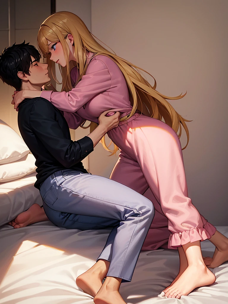 Two adult friends, A Man and a Woman, the man is taking care of the woman in bed, She is sick, she is a woman, she has blonde hair and blue eyes., she wears pink pajamas, while the man has black hair and black eyes 