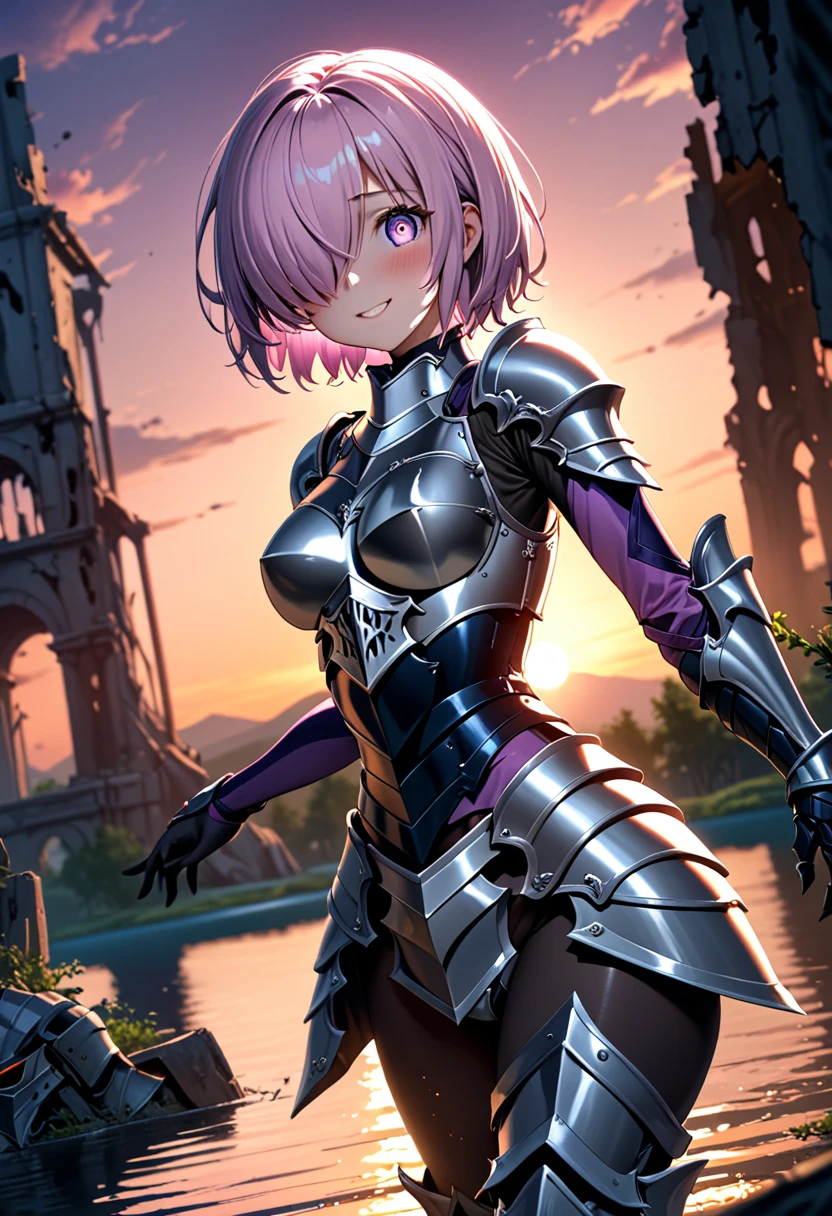 (masterpiece, top quality, best quality, beautiful and aesthetic:1.2), full body, SFW, extremely detailed, detailed eyes, detailed hands, cinematic light, depth of field, 1girl, seducing smile, solo, official, (full armored knight:1.4), dark armor, knight helmet, mash kyrielight, light purple hair, short hair, hair over one eye, slim body, cinematic lighting, dramatic lighting, dramatic atmosphere, hyper-realistic, high resolution, stunning contrast, high quality, best quality, 8k, 4k, intricately detailed, (amazing details:1.2), highly detailed skin, powerful presence, vibrant colors, (detailed eyes:1.2), striking eyes, (detailed background), (lake on background, twilight, ruins), (dynamic angle:1.2), (dynamic pose:1.2)