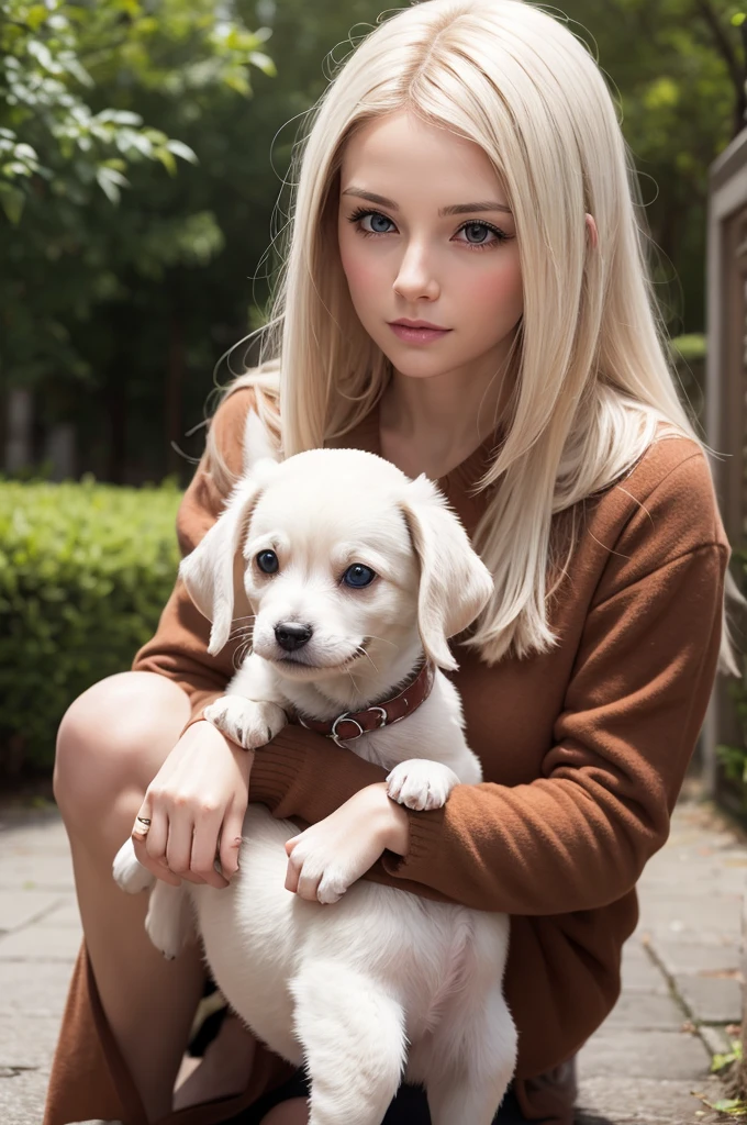 Create a photo of a white woman with a small dog