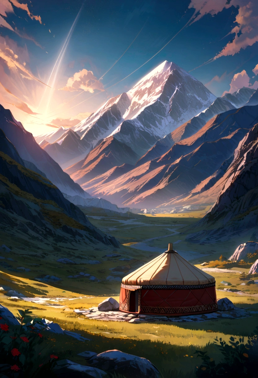 A nice landscape in a mountain valley in the very front there is a bal bal stone, and behind it there are high rocky mountains and to the right of the stone and further away there is a Kyrgyz yurt